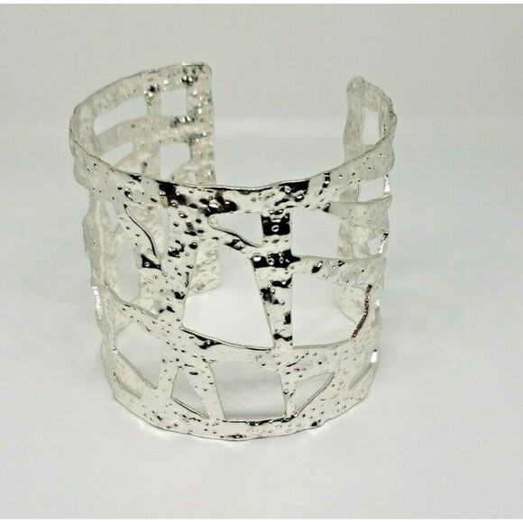 Silver Tone Cuff Bracelet Metal Geometric Cut Outs Heavy Weight Open Work - Picture 1 of 8
